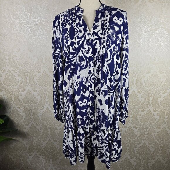 Zara Size Medium Blue White Ikat Print Dress Long Sleeve Ruffle Bottom Tier NWT - Picture 1 of 15